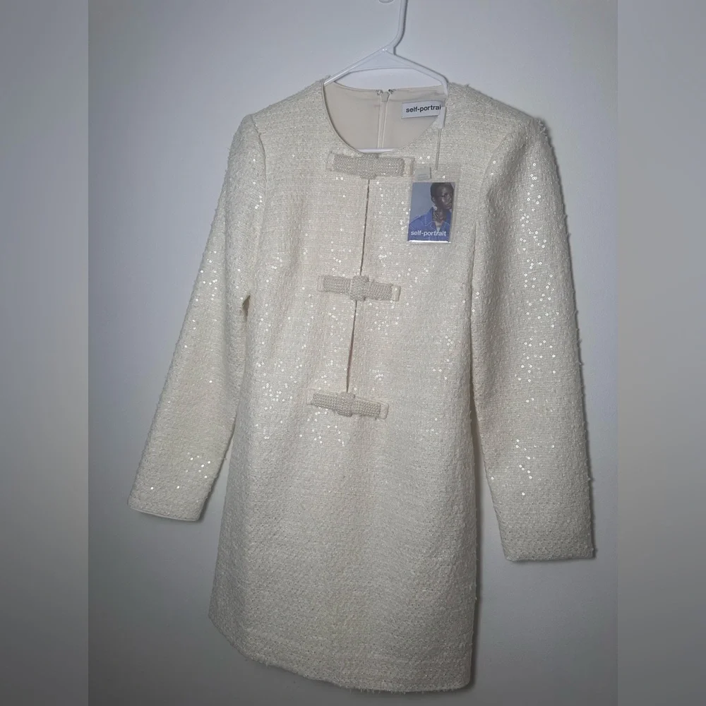 Self-Portrait Cream Bodycon Dress with Mock Neck and Bishop Sleeves - Picture 6 of 6